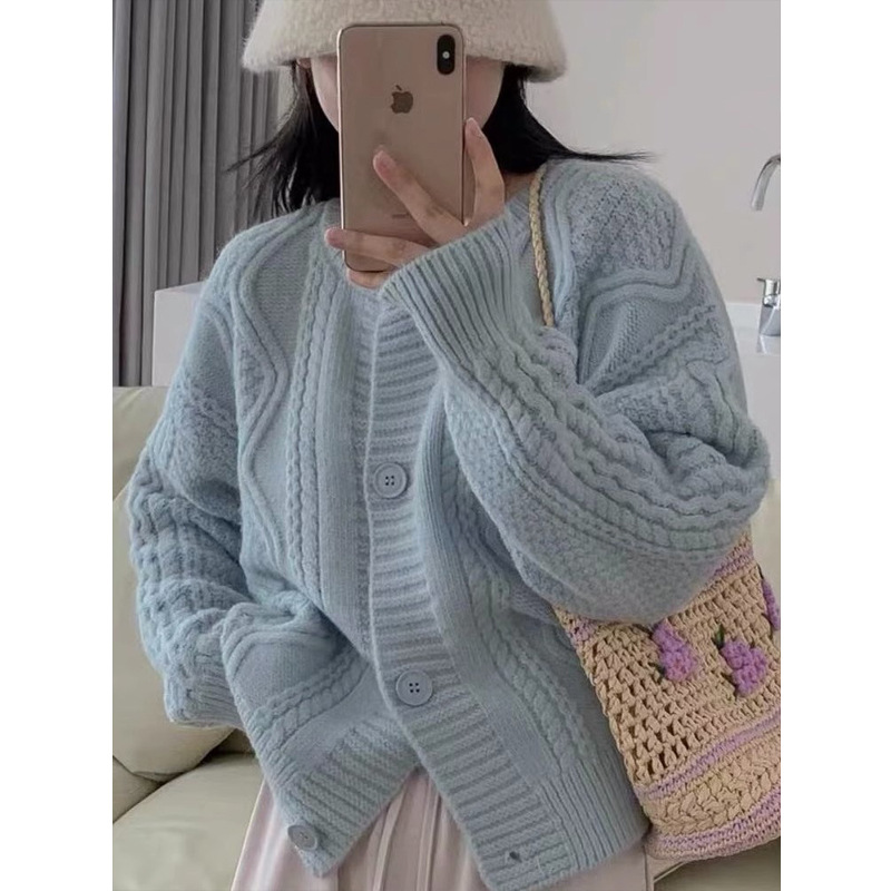 Twist knitted cardigan coat sweater women's autumn and winter inner wear blue retro gentle popular loose outer wear lazy style
