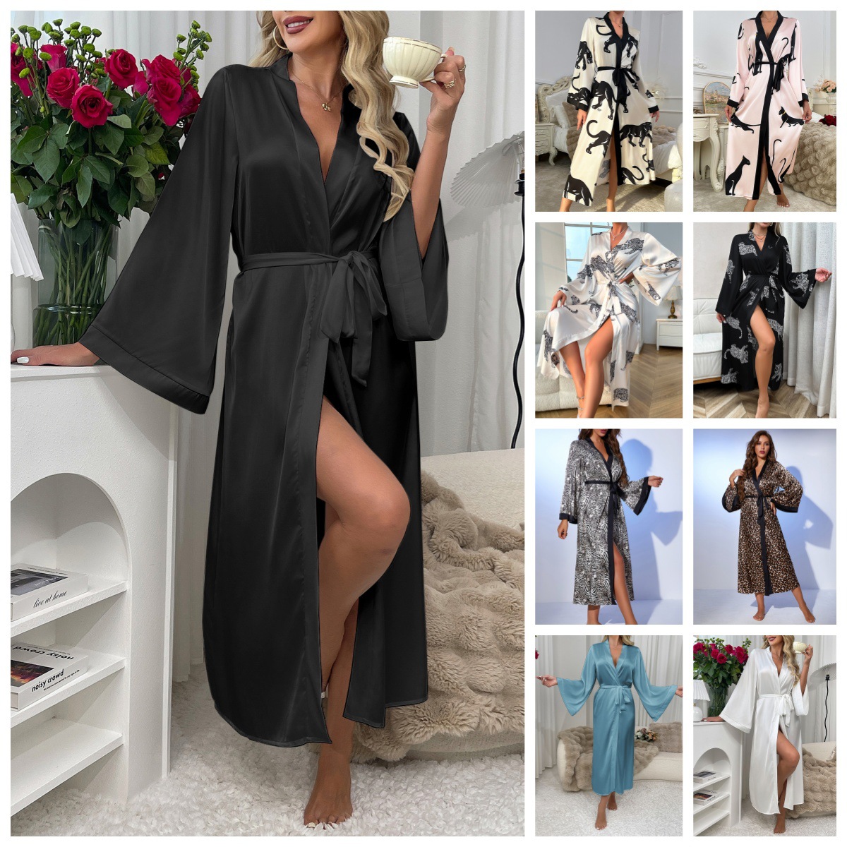 Mufei Cross-Border European and American Women's Long Satin Robe with Tie Waist, Long Bathrobe in Various Styles, Direct from Manufacturer