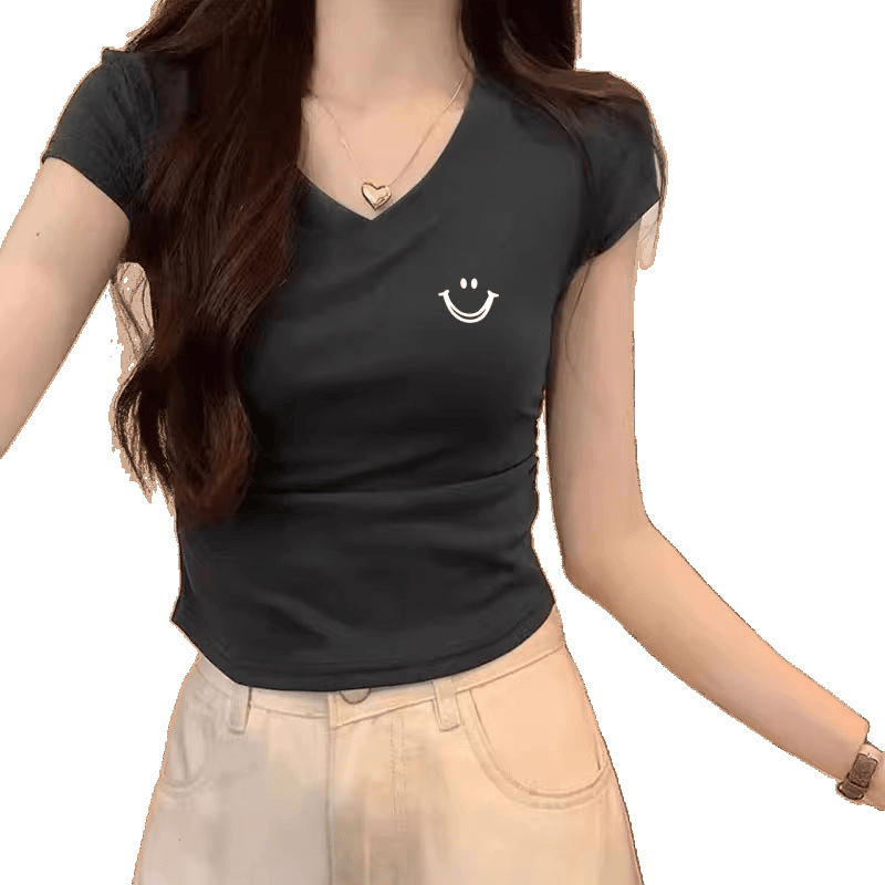 純綿夏の新しいスタイルの女性用Vネック半袖Tシャツ、スリムフィット、プリーツホットガールトップ|undefined