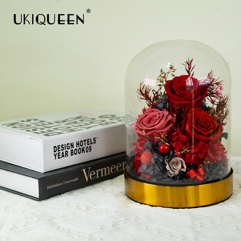 Base de oro rosa con cubierta de cristal para flor eterna, producto terminado, éxito de ventas transfronterizo en Amazon, decoración para el hogar, adorno de alta gama.