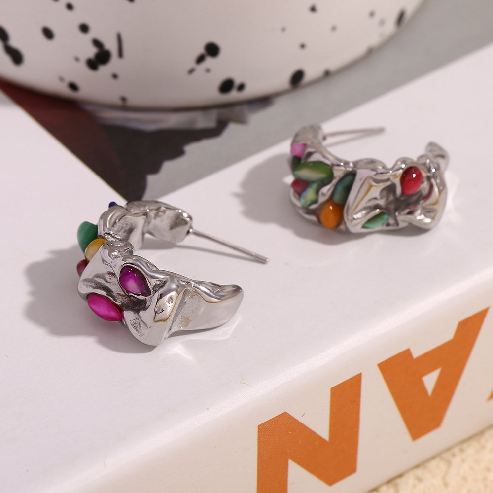 Stainless Steel Pleated Clay Stone Colored Earrings