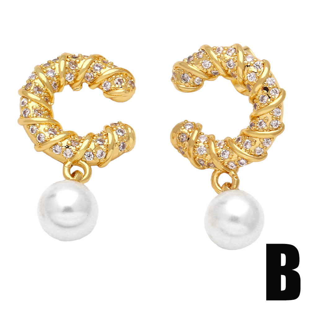 Fashion Heart Shape Copper Ear Studs Pearl Inlay Zircon Copper Earrings