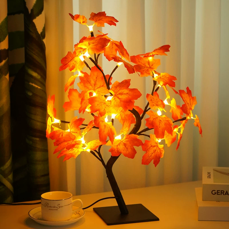 LED Maple Leaf USB Tree Lamp, 24-Leaf Warm White, Decorative Lantern Night Light, 39 cm