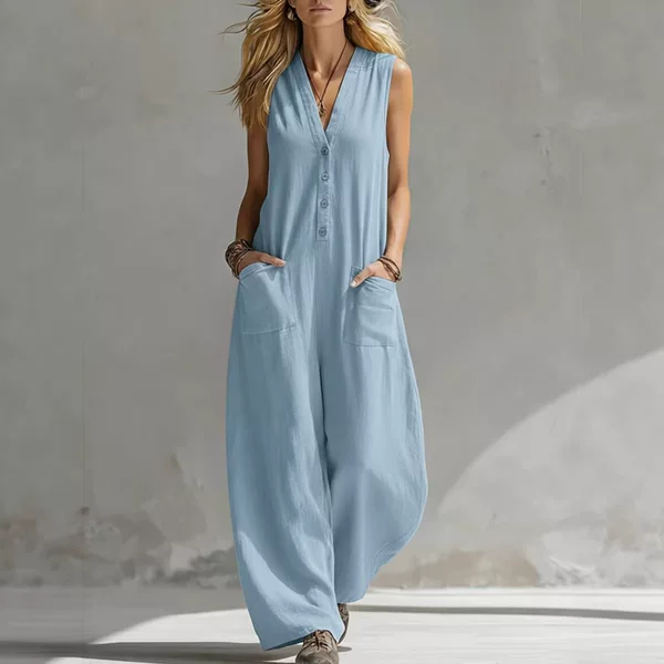 2026 European and American Amazon Independent Site Double-Pocket Casual Linen Cotton Sleeveless Jumpsuit European and American Style Jumpsuit