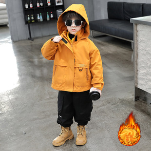 Boys' Three-In-One Detachable Hooded Jacket with Quilted Cotton Thickeneded Autumn and Winter Warm Windproof Polar Fleece Liner to Prevent Cold