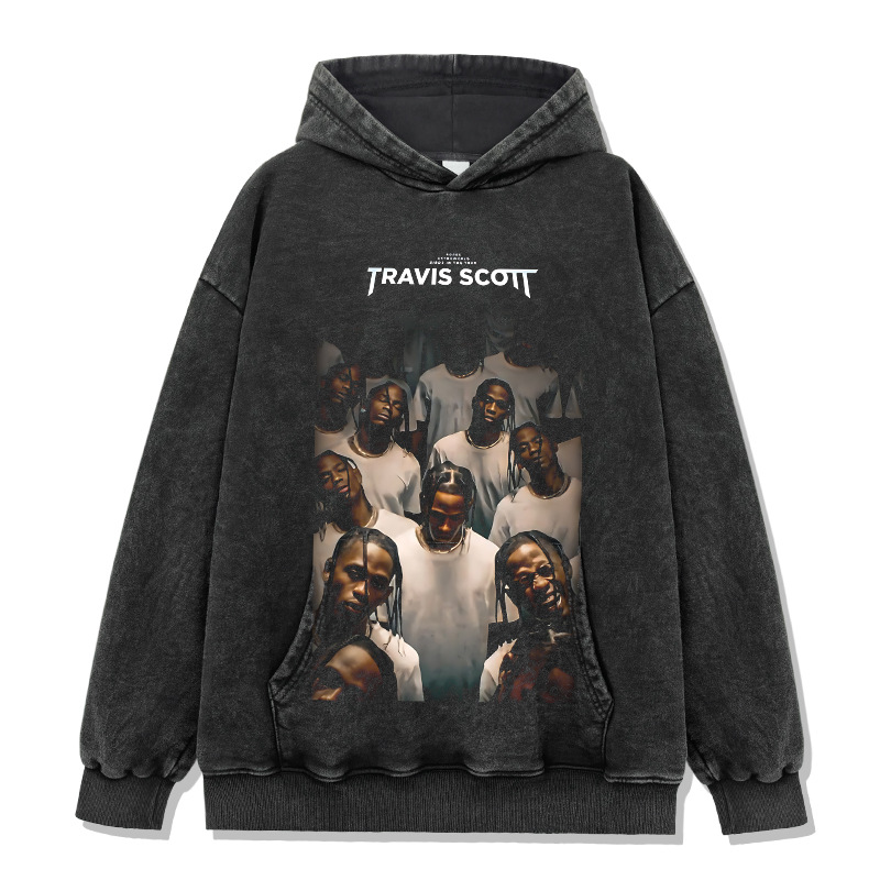 Bc Europa y América calle hip hop Travis Scott rap personaje impreso lavado apenado suelta manga corta Camiseta de los hombres