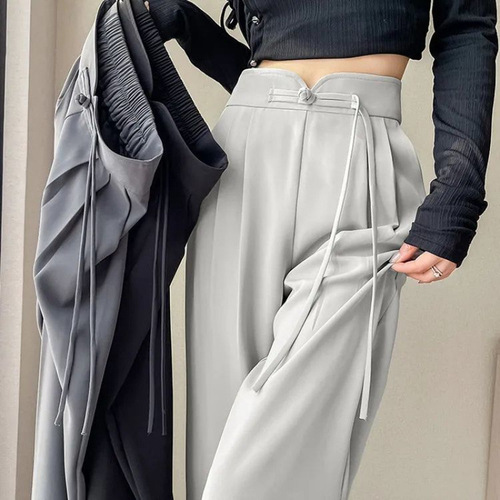 New Chinese Style Buttoned Belt High-Waist Suit Pants for Women Spring and Summer High Drape Casual Slim Straight Wide Leg Pants