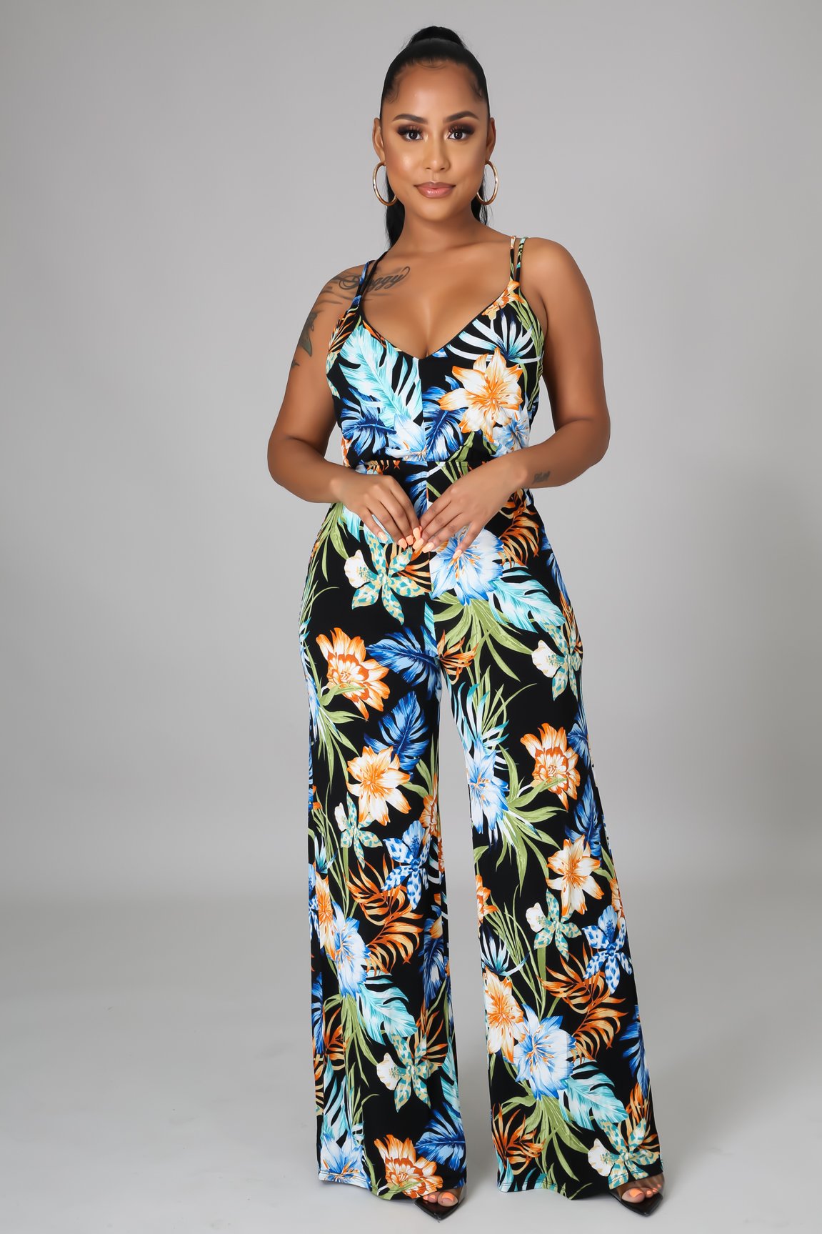 flower printing cross suspender low-cut wide-leg jumpsuit NSXLY119742