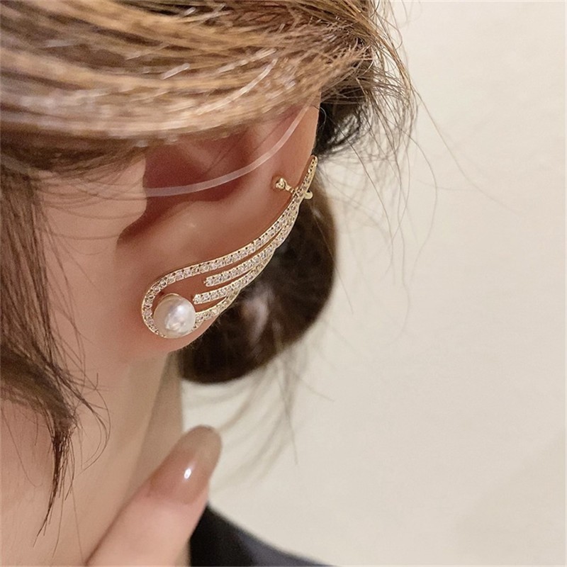 Yunjin transfronteriza nuevas alas de diamante espárragos oreja clip de hueso de la oreja pendientes de una sola pieza de las mujeres de estilo coreano simple perla clip de oreja image 2