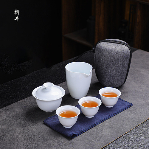 Dehua White Porcelain Travel Teapot Set with Three Cups and Lid, Outdoor Portable Simple Carry Bag with Custom Logo