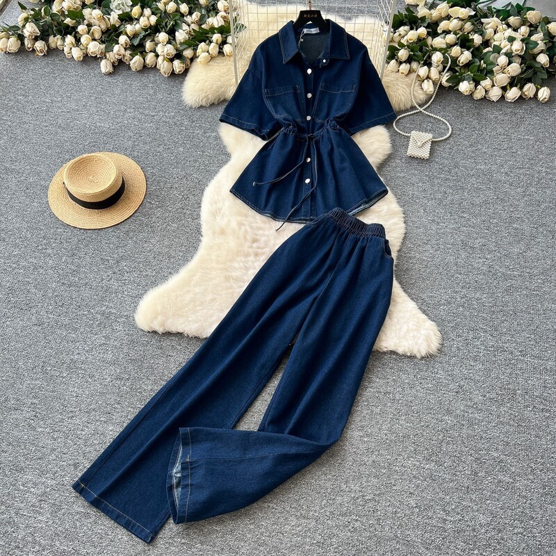 Vintage Hot Girl Style Denim Suit Women Summer Drawstring Polo Collar Shirt Top Elastic Waist Wide Leg Slimming Trousers