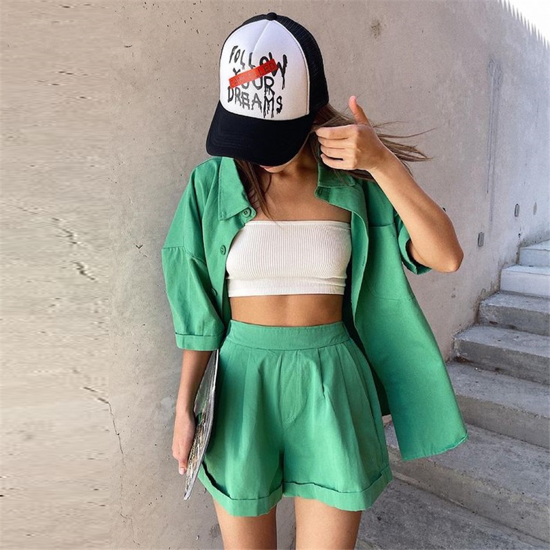 solid color loose lapel short-sleeved shirt high-waisted shorts two-piece set NSZXS125764