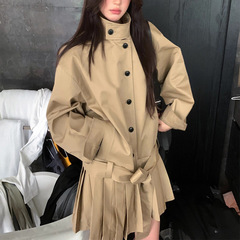 高级感小众立领风衣外套女2025秋季新款韩系高智感两穿百褶连衣裙