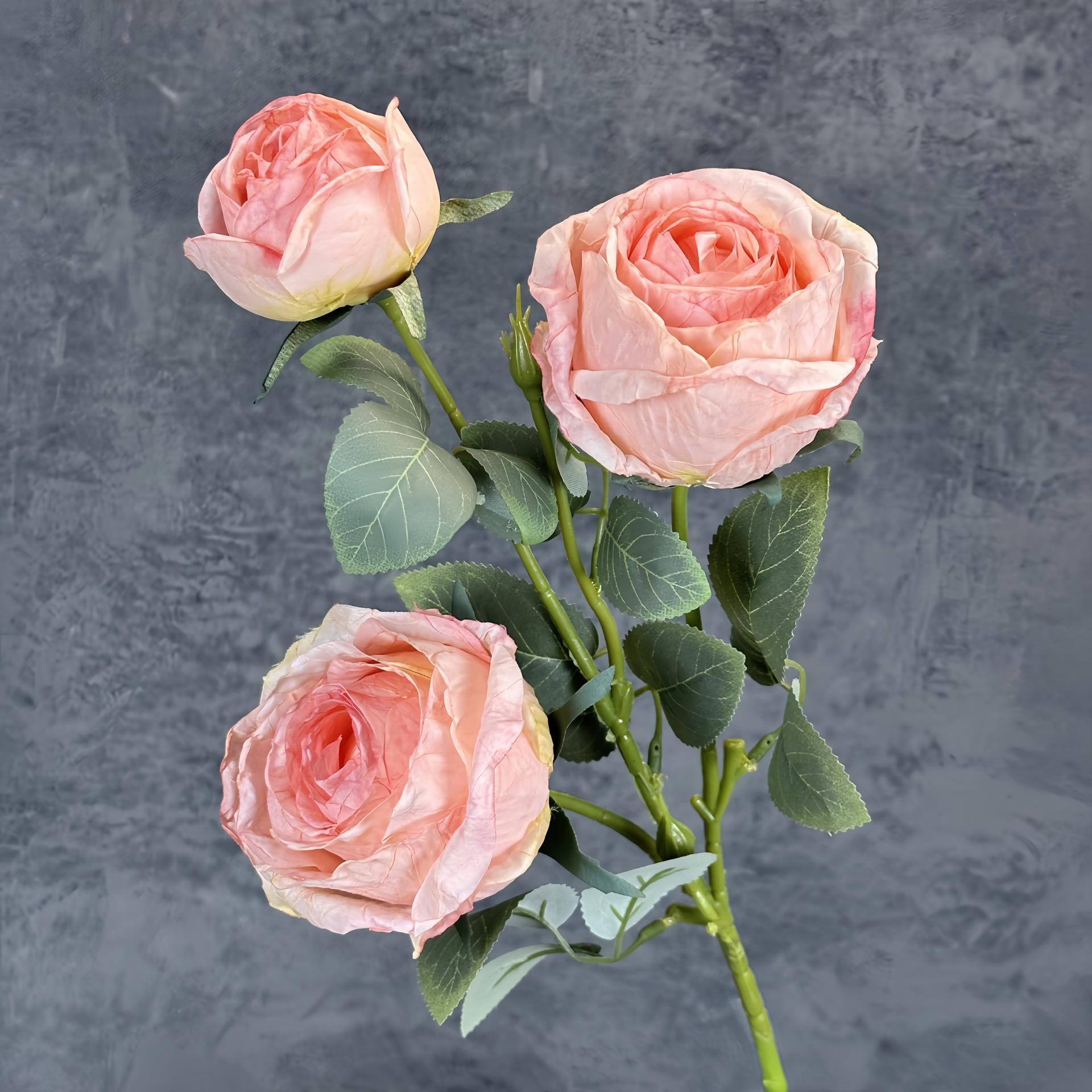 Nuevo 3 cabezas de pintura al óleo asado borde rosa simulación flor boda decoración del hogar decoración de flores falsas transfronterizas al por mayor