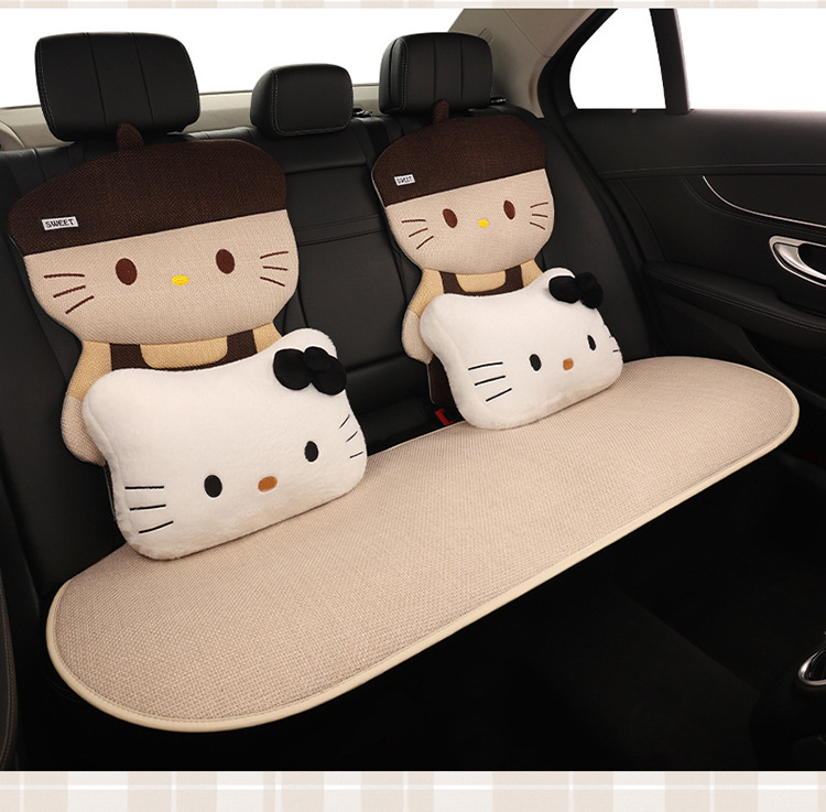 Four Seasons Linen Car Seat Cushion Cute Hat Cat Skin-Friendly Breathable Rear Seat Single Universal Seat Cushion Seven-Piece Set