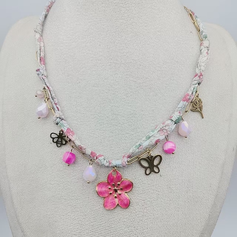 Flower Butterfly Elegant Beach 304 Stainless Steel Artificial Crystal Cloth Layered Necklaces Multi Charms Necklace Wholesale display picture 6