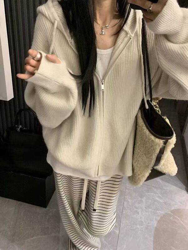Korean-Style Hooded Zip-Up Fashion Sweater for Women, Spring and Autumn 2026 New Style, Lazy Style Knit Cardigan Sweatshirt Jacket