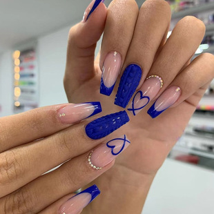 Simple Decca Blue French Pure Armor Cool Summer Love Pile Drill Nail Armor Wear Armor Piece 24 Boxed