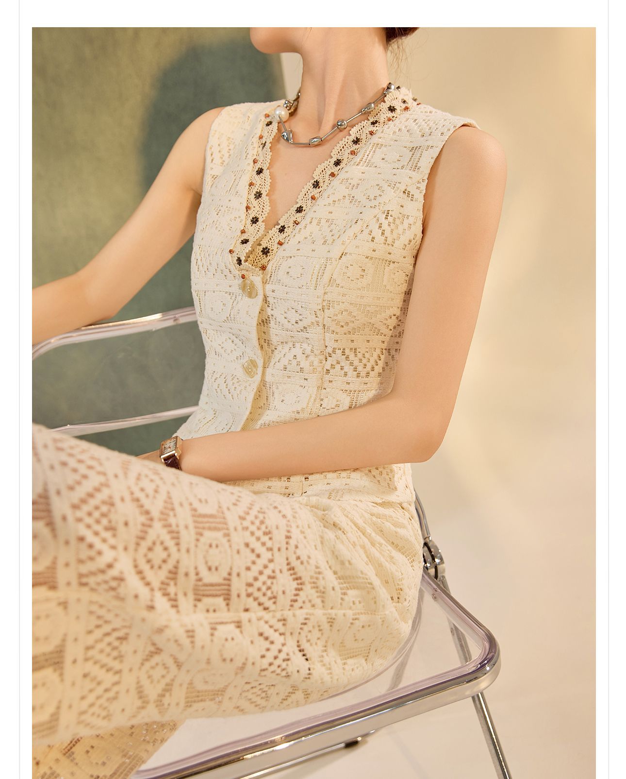 Bộ vest quần dài nữ cổ chữ V khoét lỗ phong cách retro cao cấp mùa hè 2026 — Quần dài, Vest [có dây ruy băng] chi tiết 6