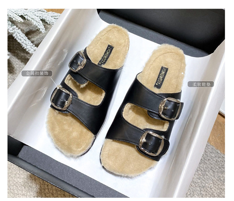 Dép lông cừu nữ quai ngang hai khóa cài, đế dày, đi ngoài trời — Màu đen, Nâu cổ điển chi tiết 4