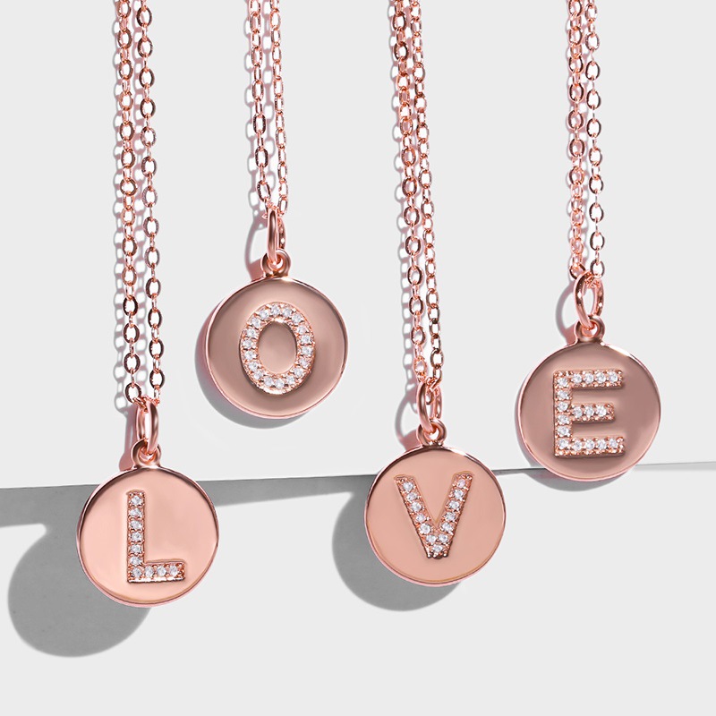 round card 26 letters pendant necklace with zircon clavicle chain