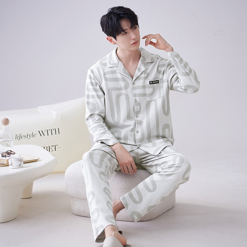 Los hombres de la Rebeca pijamas de otoño de los hombres de manga larga de algodón de moda traje de pijama de solapa de los hombres texturizado ropa para el hogar de primavera y otoño