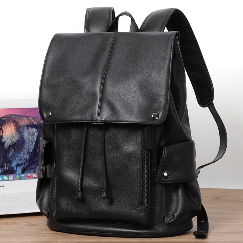 Ba lô da bò thật cho nam, kiểu dáng thời trang, đựng laptop 14 inch, dung tích 36–55L — Màu đen