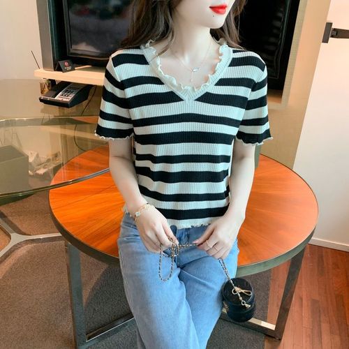 Designer-style minority black fungus V-neck striped knit women's summer unique ice silk short-sleeved thin top