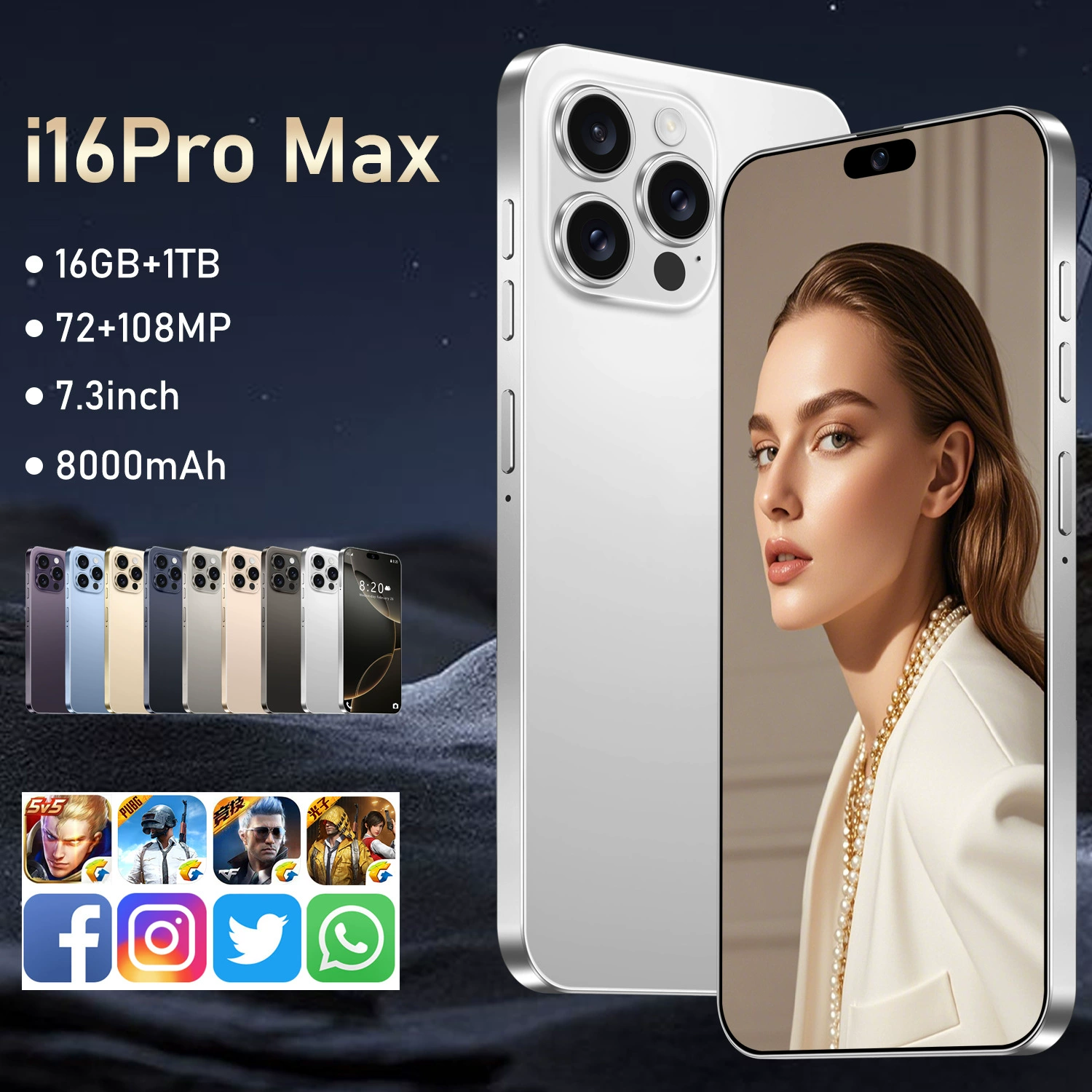 Smartphone i16 Pro Max, intel core i16, 16 GB RAM, 7.3" wide screen, Android 13