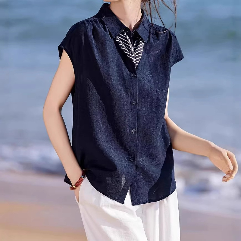 Hemp-Blend Shirt 2026 Summer New Style Urban Simple Commuter Versatile Shoulder Pleated Short-Sleeved Shirt