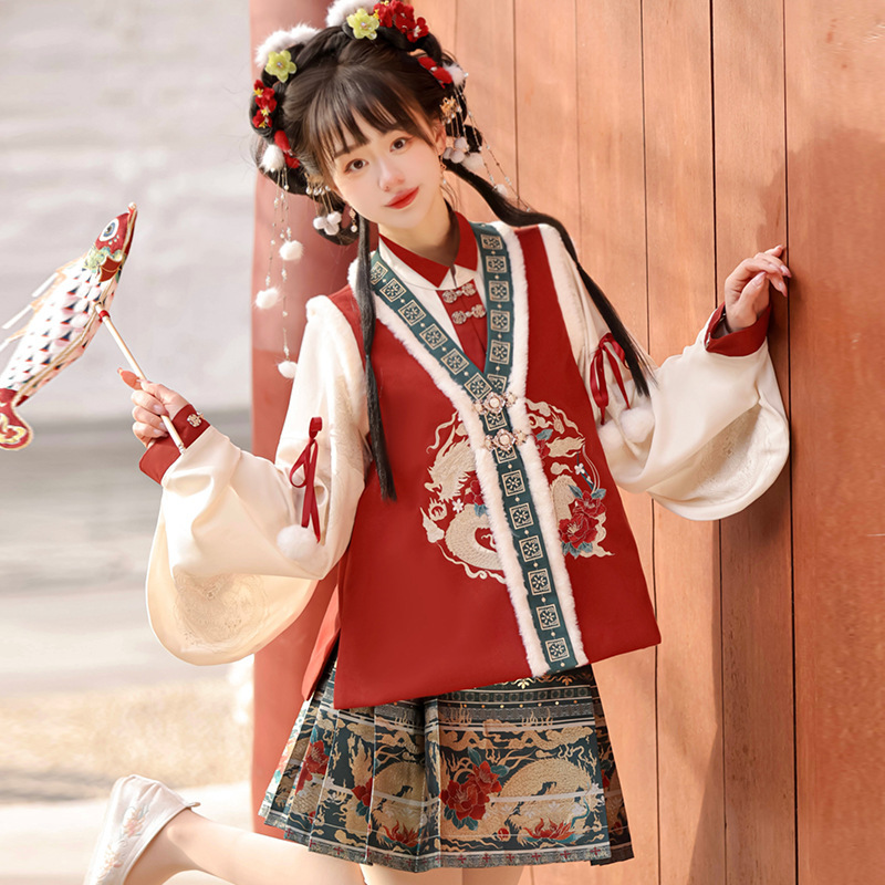 Original Fulong Yingchun Han ropa de mujer estilo chino Han elemento chaleco de mitad de falda set 8941