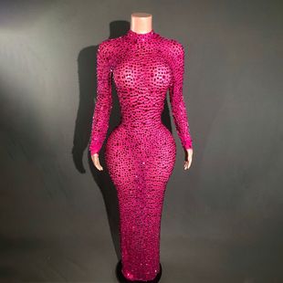 2024 Spring Diamond Hanging Neck Long Sleeve Evening Dress Women's Party High Waist Slim-fit Slimming High-end Party dress