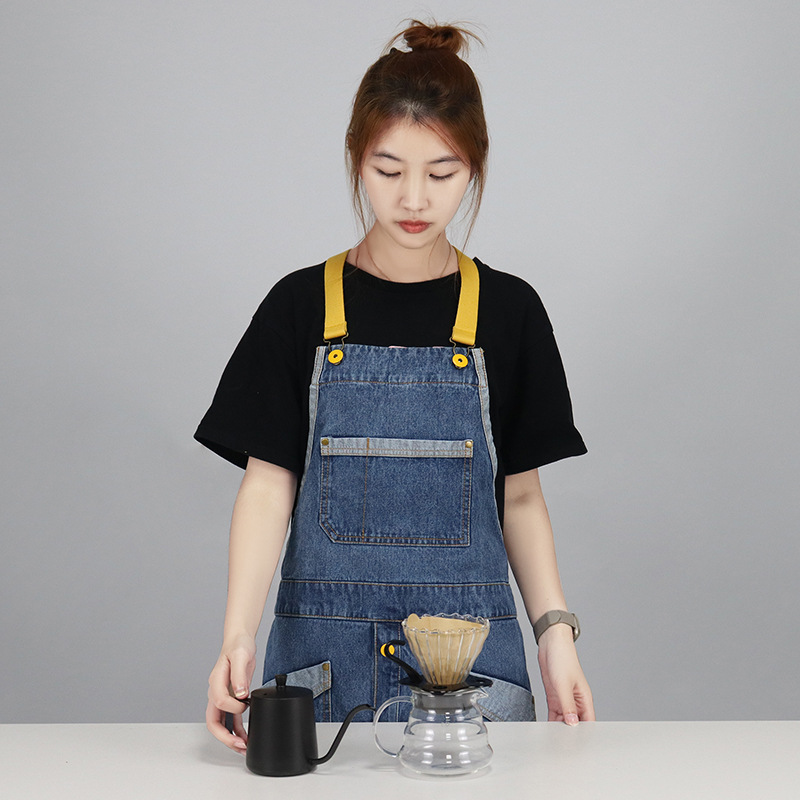 Comercio exterior agua lavada denim delantal barbero tostador café jardinería restaurante ropa de trabajo nuevo delantal de moda de color contraste