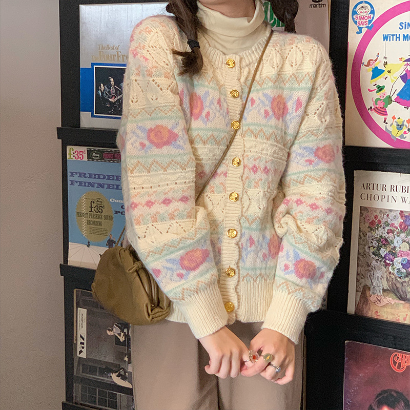 日系温柔针织开衫女2021早春新款宽松复古慵懒毛衣外套|ru