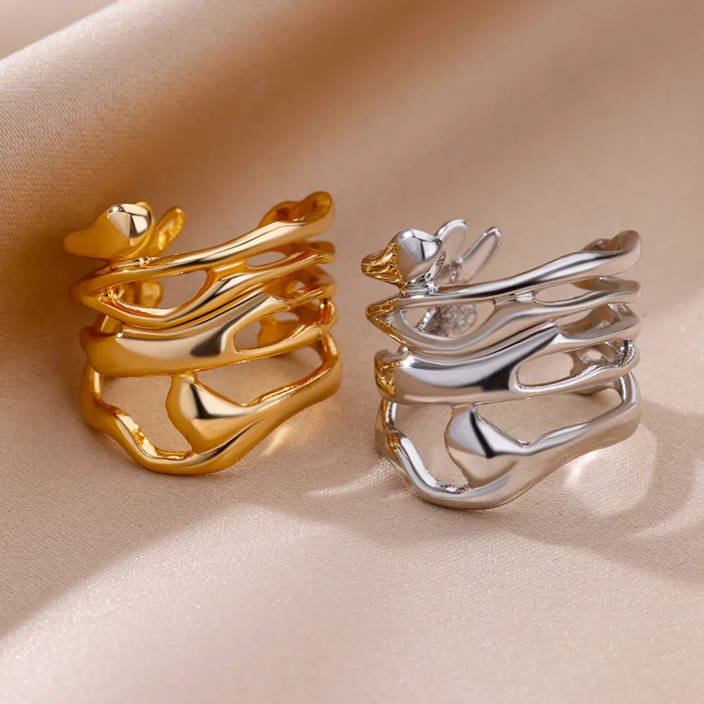 European Alloy Geometric Irregular Wave Ring Adjustable Band_voghion.com