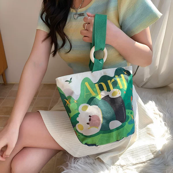 Original Cartoon Cute Canvas Bag Women's Bucket Bag Handbag Large Capacity Lunch Box Commuter Sundry Bag Dropshipping