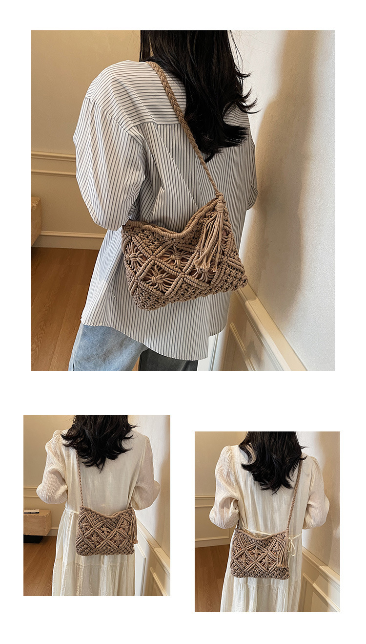 177g Weight Polyester Cotton Lining Material Weave, Hollow Fashion Element Zipper Closure Type Single Shoulder Strap Strap Type Shoulder Bag Bags Type Casual Occasion cotton rope Material Solid Color Pattern All Seasons Season Women's Gender Vacation Style Square Shape Women's Cotton Rope Solid Color Vacation Weave Hollow Square Zipper Shoulder Bag 3