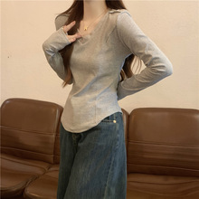 秋冬2025新款欧货v领长袖T恤女低领修身短款内搭打底小衫上衣