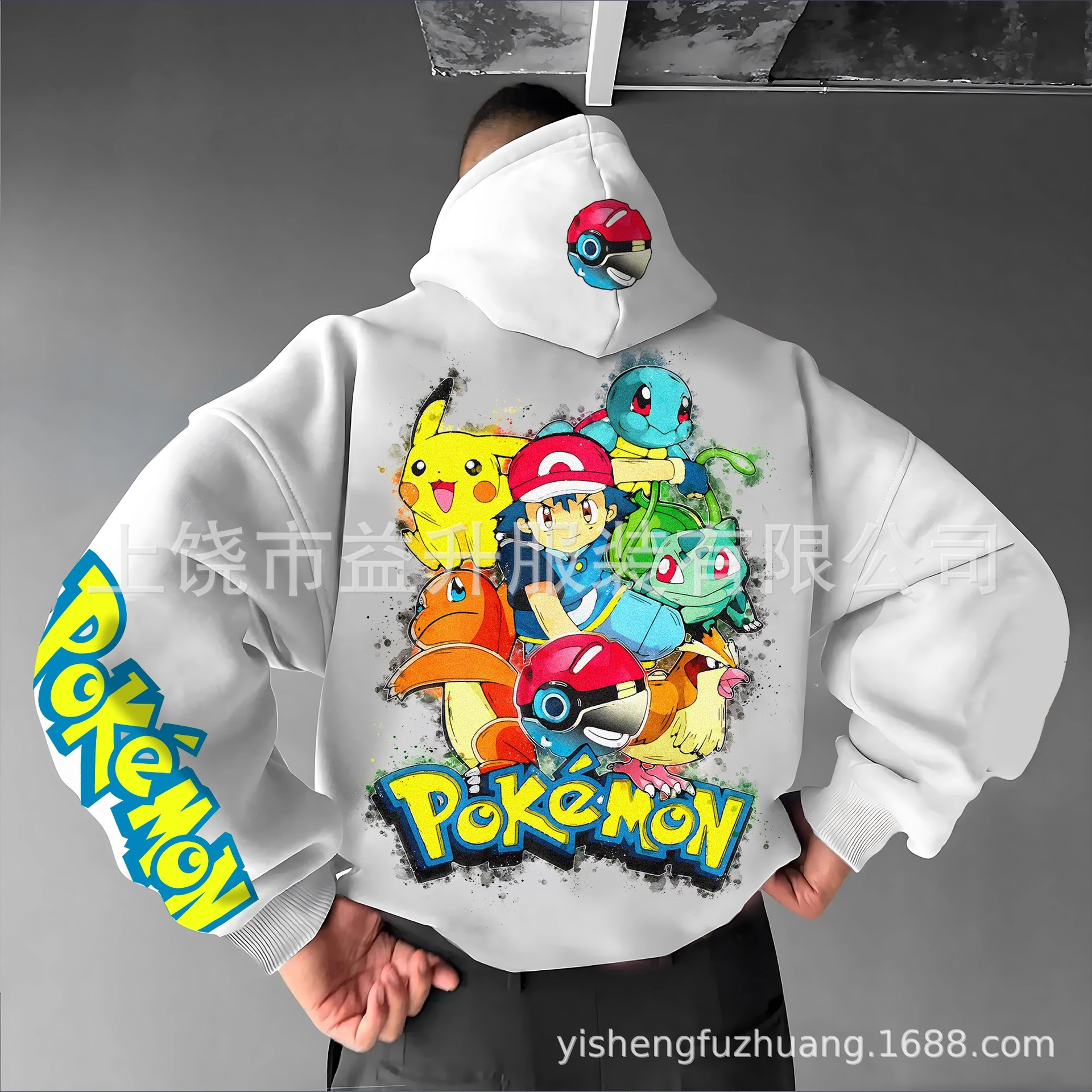 跨境欧美新款动漫精灵3D数码印花皮卡丘系列男款连帽卫衣工厂直销