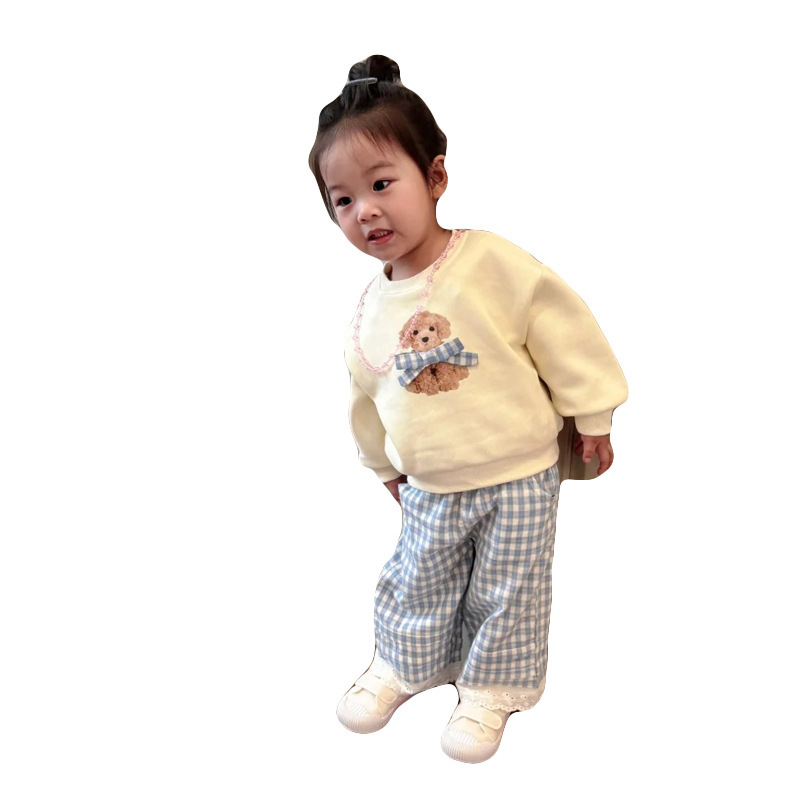 女童裤子早秋2025新款韩版儿童巨好看蕾丝格子阔腿裤小女孩休闲裤|undefined