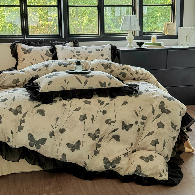 Juego de ropa de cama de cuatro piezas de algodón puro estilo boho vintage nórdico francés de clase A con gasa de doble capa en encaje vintage francés estilo Hepburn._voghion.com