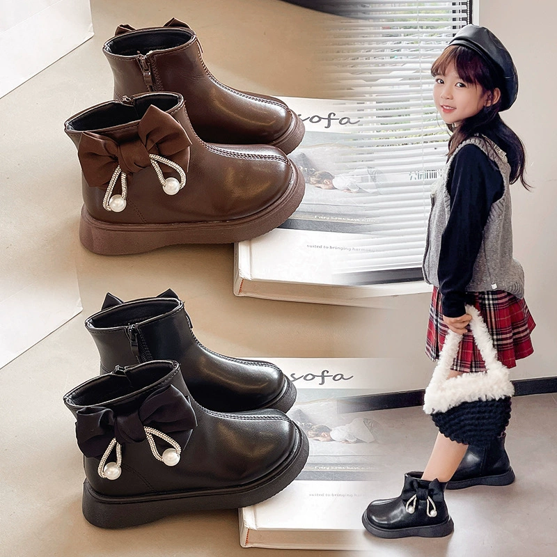 Сапоги для девочек осень-зима 2024 baby новый жемчуг бант одиночные сапоги для детей Мартин сапоги среднего и старшего ребенка кожаные сапоги