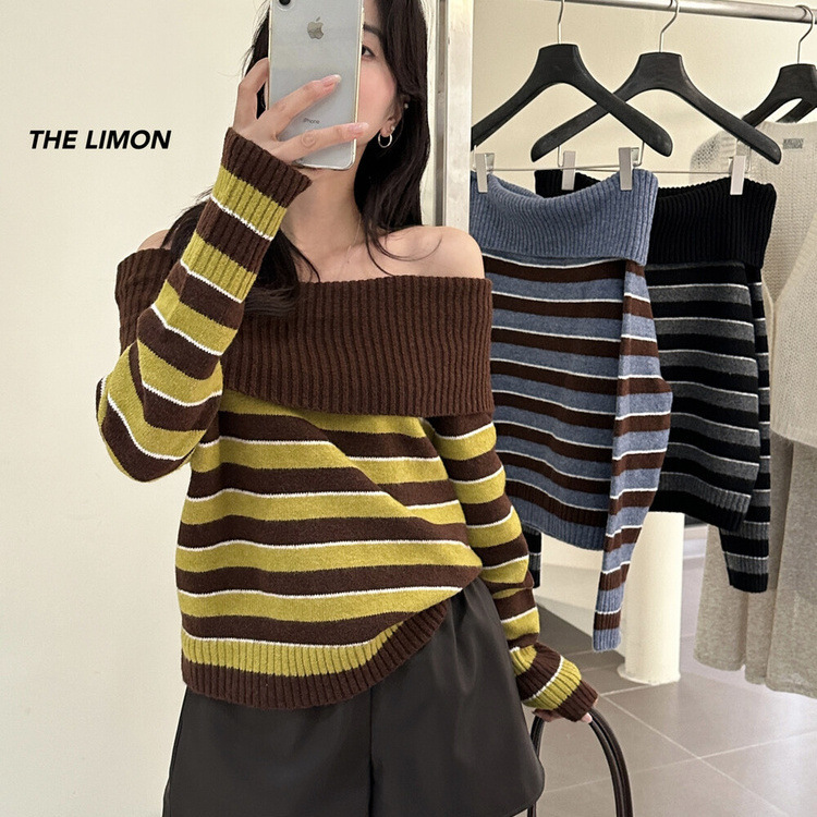 the limon柠檬绿茶2025秋季一字肩条纹撞色针织衫女显瘦毛衣上衣|undefined