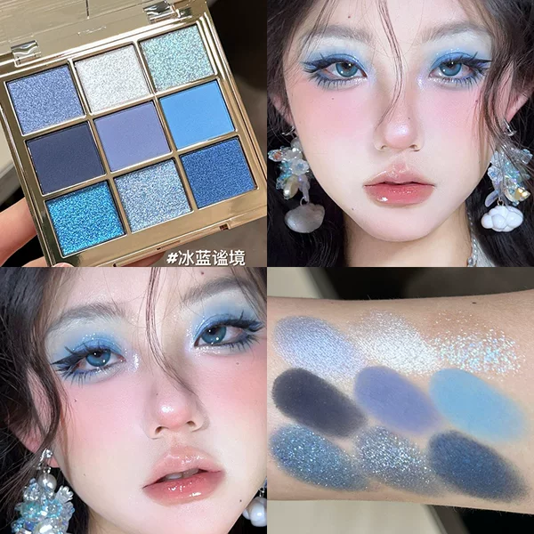 Summer Sparkling Ice Blue Serenity Nine-Color Eyeshadow Palette Pearlescent Matte Blue Smokey Cool Shimmering Diamond Music Festival Eye Makeup
