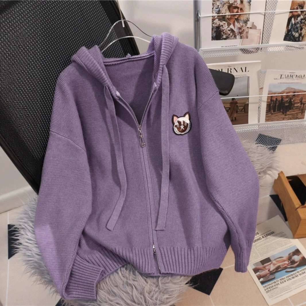 加厚拉链连帽毛衣女士卫衣宽松大码慵懒风软糯减龄秋冬针织衫外套