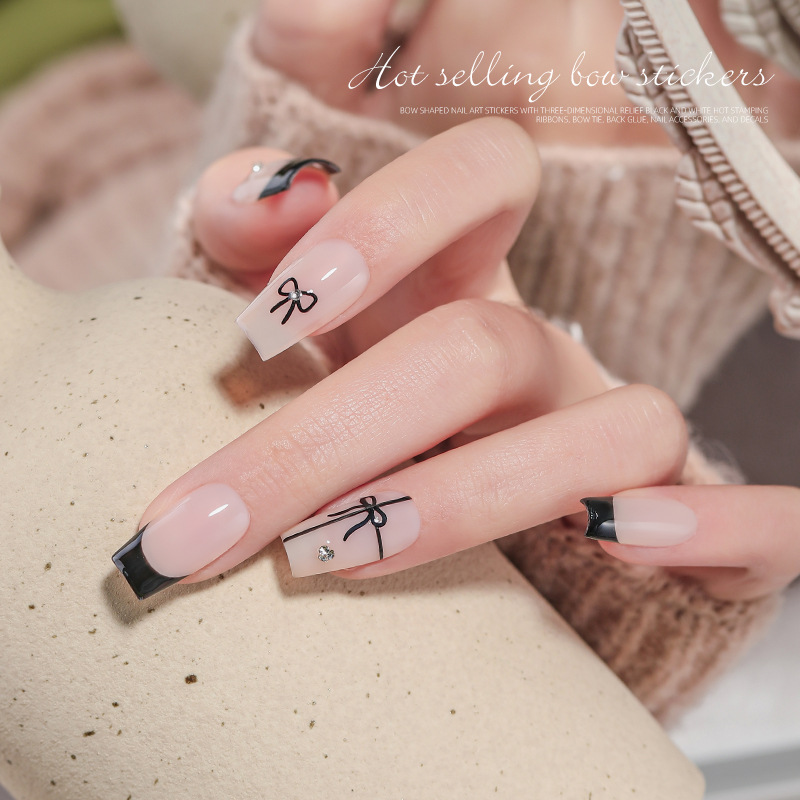 Pegatinas de Uñas con Diseño de Lazo, Estilo Nuevo, Transfronterizo, Calcomanías en Blanco y Negro con Lámina Dorada, Finas y Flexibles, Decoración de Uñas Sencilla