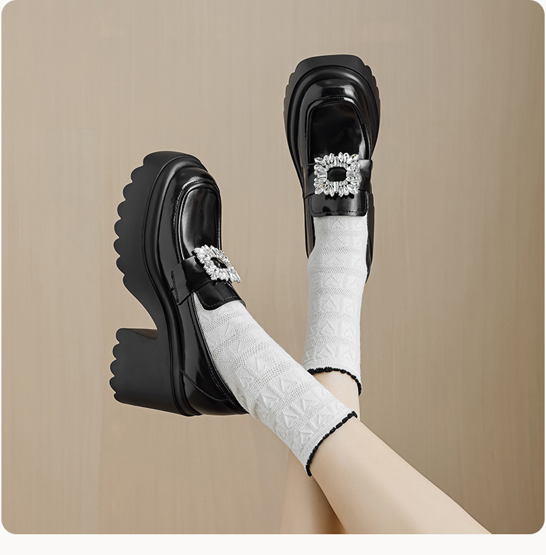 Giày lười cao gót nữ mũi nhọn đính đá vuông, đế dày xỏ chân — Màu đen chi tiết 18