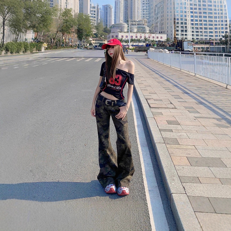 American Retro Hot Girl Low-Waist Flared Pants Slim Fit Camouflage Drape Jeans for Women Spring and Autumn Petite Drape