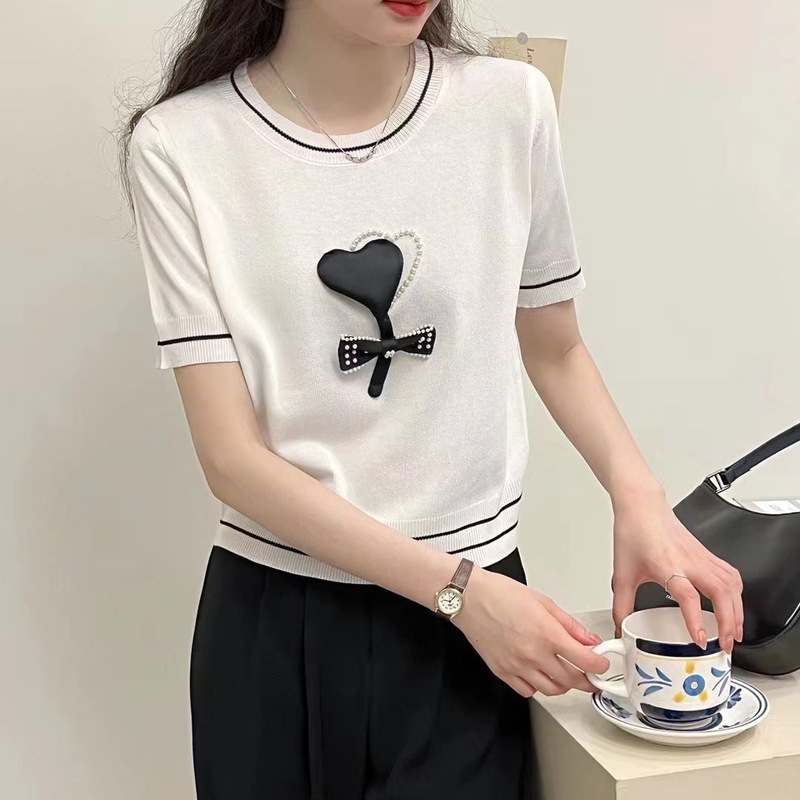 泫雅圆领立体爱心钉珠短袖针织衫女跨境风夏季新款修身显瘦短款衫|undefined