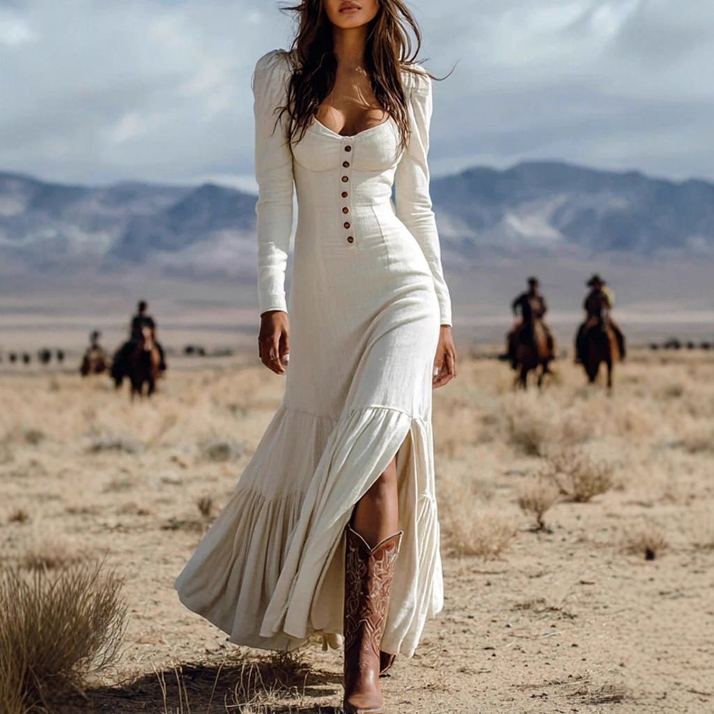 2025 Amazon European and American Dress Cross-Border New Retro Western Style Button Pleated Long-Sleeved Sexy Long Dress